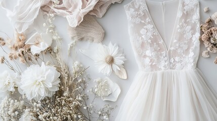 Fototapeta premium Elegant bridal flat lay featuring a lace wedding dress and delicate dried flowers