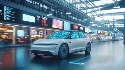 Fototapeta premium Futuristic Compact Smart Car Driving Through a High-Tech Urban Environment at Daytime