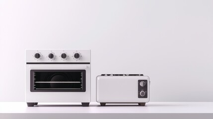 Obraz premium A modern kitchen scene featuring a stylish white oven and toaster, perfect for contemporary cooking needs.