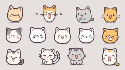 Adorable Cute Little Cats with Emoticons Kawaii Characters Flat Image