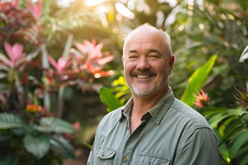 Happy mature man smiling in a lush botanical garden, surrounded by vibrant tropical plants and flowers