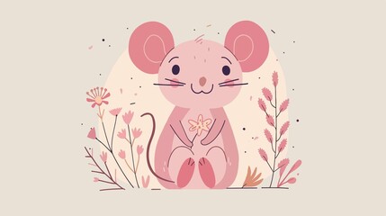 Cheerful Cute Mouse Character with Flower in Flat Vector Illustration