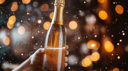 Festive Celebration with Champagne Bottle and Bokeh Effect - Holidays, Christmas, and New Year's Concepts