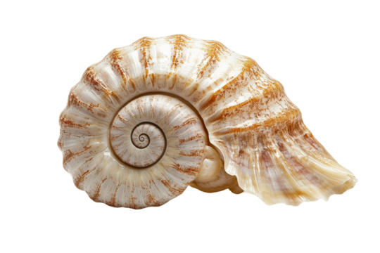 Beautiful and intricate spiral shell found on a sandy beach during sunset isolated on transparent background