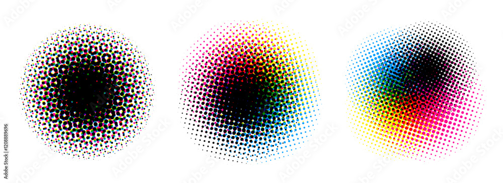 Poster halftone round background set. cmyk color dotted half tone shapes. grunge ink press splash stains an