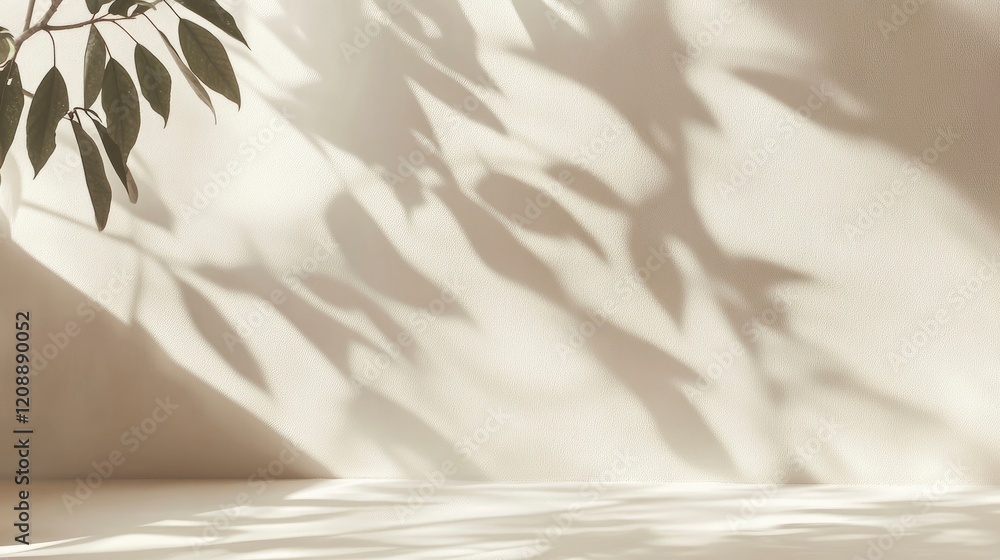 Poster wall interior background, studio and backdrops show products. with leaf shadow from window color bei
