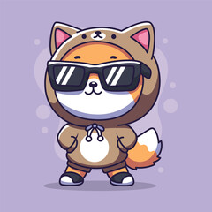 Cute cartoon shiba inu wearing sunglasses. Cute animal character. Vector illustration.
