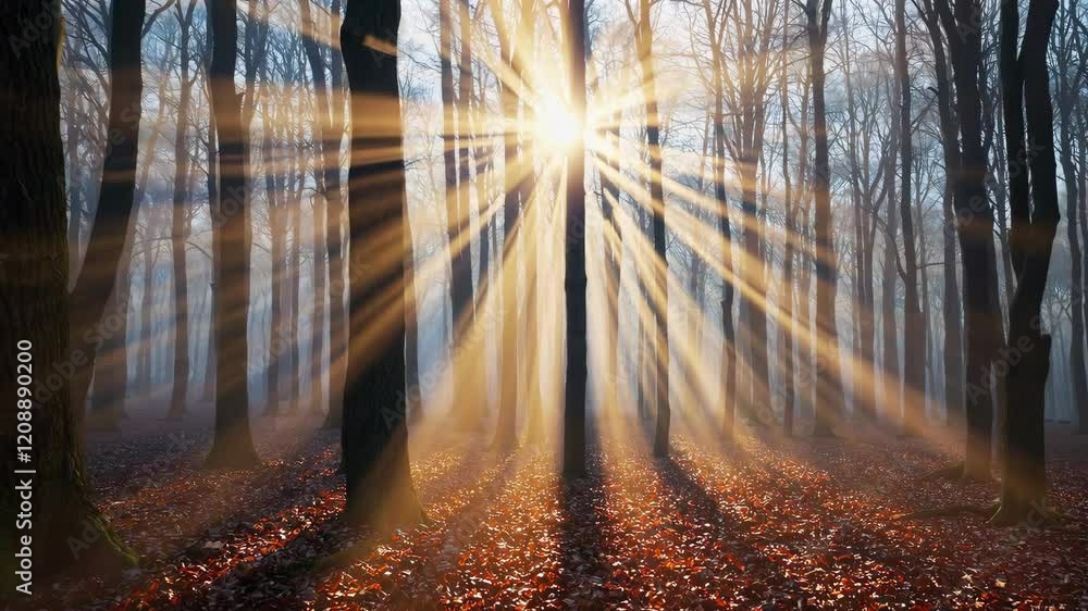 Aufkleber sunlight streaming through autumn forest trees creating a warm glow, tranquil nature scenery. outdoo
