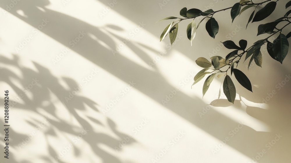 Poster wall interior background, studio and backdrops show products. with leaf shadow from window color bei