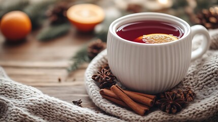 Warm spiced tea in white mug on cozy knit.