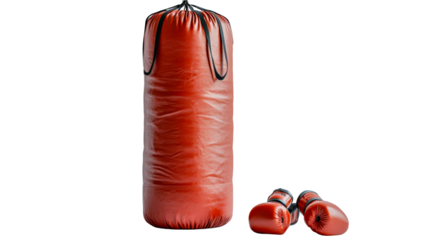 Red punching bag and gloves set for effective training in various workout routines isolated on transparent background