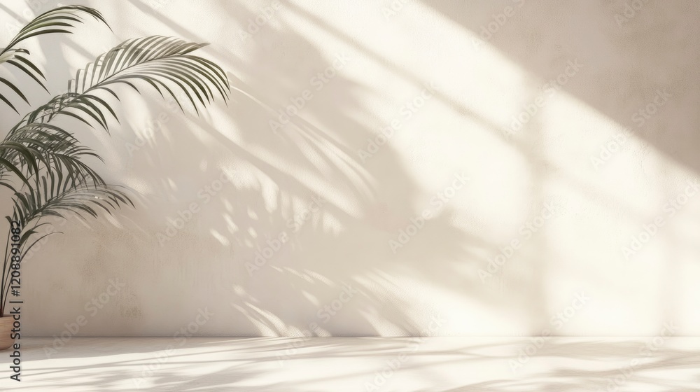 Poster wall interior background, studio and backdrops show products. with leaf shadow from window color bei