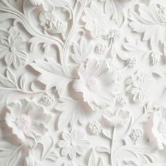 Elegant White 3D Floral Baroque Pattern  Ornate Wallpaper Background Texture