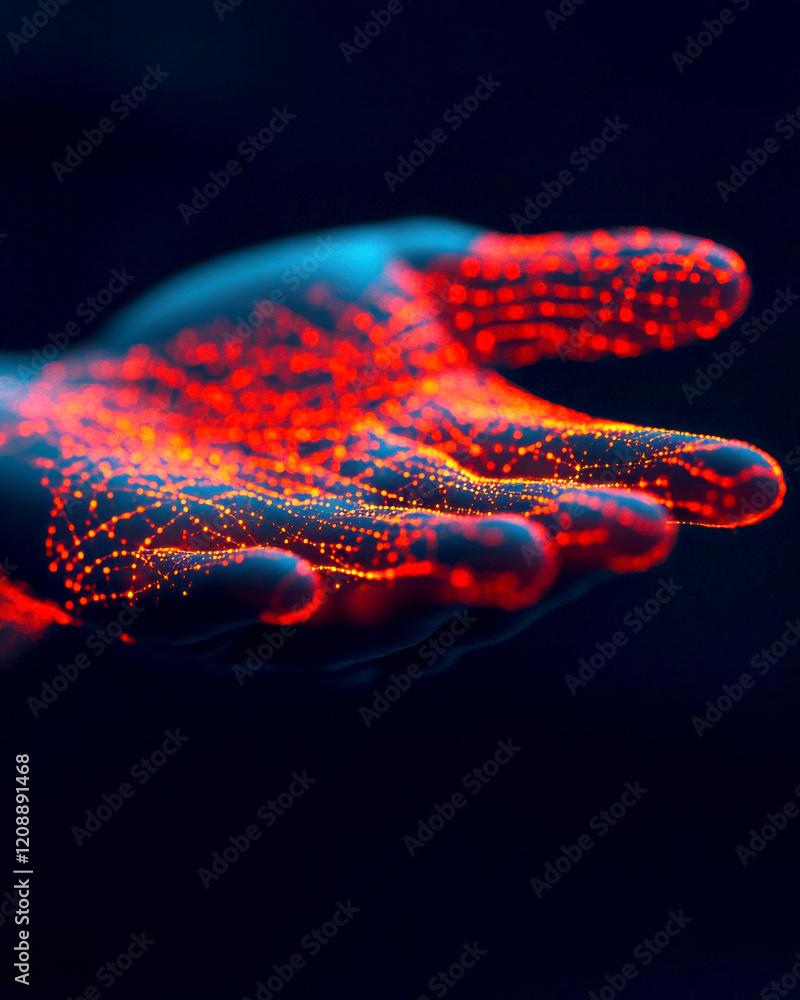Poster a glowing hand with intricate light patterns in a dark background.