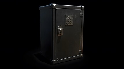A dark metallic storage cabinet with a secure lock