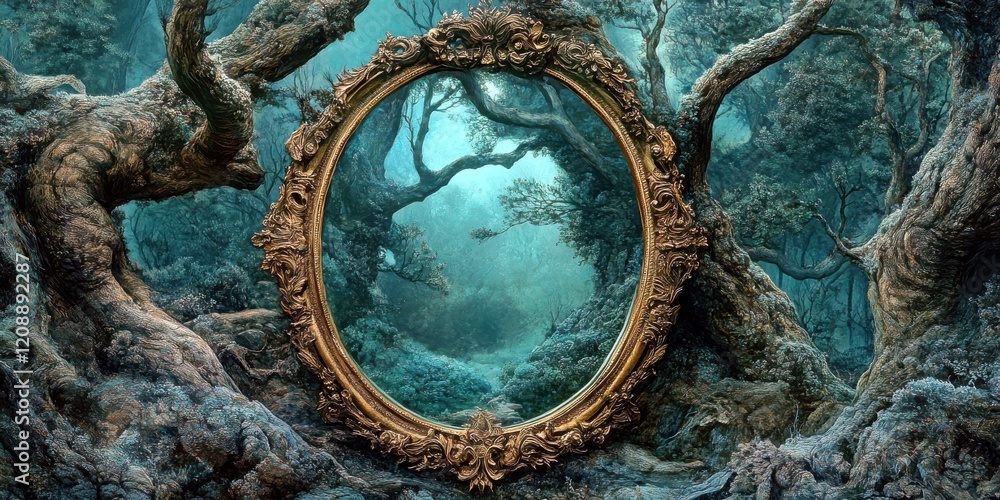 Poster enchanted forest reflection in ornate frame surrounded by ancient trees and lush greenery in a mysti