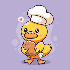 Duck chef cartoon character vector illustration. Cute cartoon duck wearing chef hat.