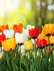 Obraz premium A vibrant display of colorful tulips blooming in sunlight, surrounded by lush greenery, creating a cheerful spring atmosphere.