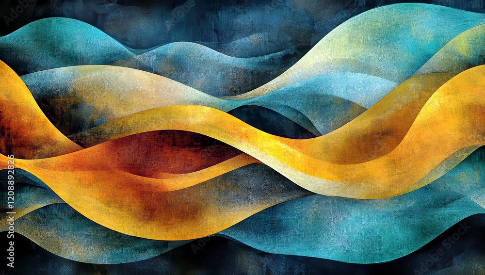 Poster abstract waves of blue, yellow, and orange in a fluid composition with artistic textures and depth f