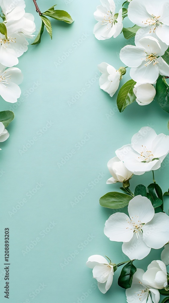 Poster a light teal background with soft white flowers and ample space for displaying a mother is day produ