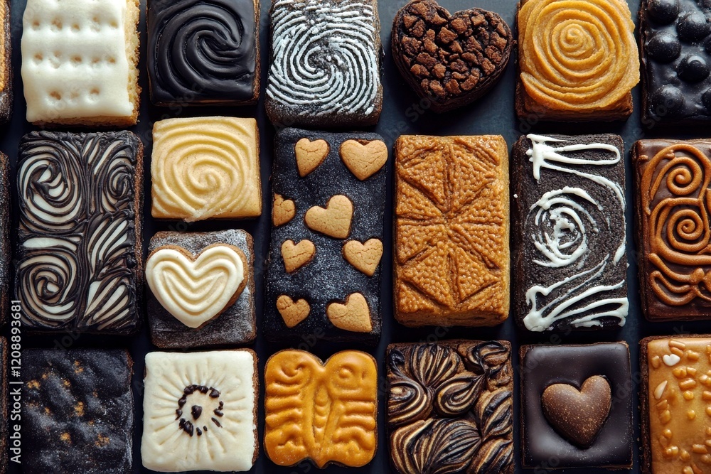 Poster a colorful display of various delicious cookies and sweet treats with intricate patterns and decorat