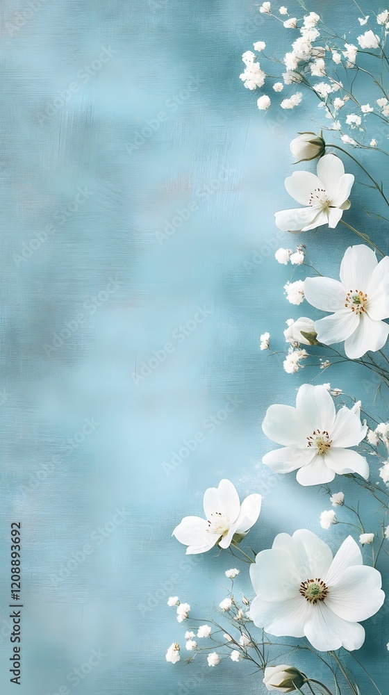 Poster a light teal background with soft white flowers and ample space for displaying a mother is day produ