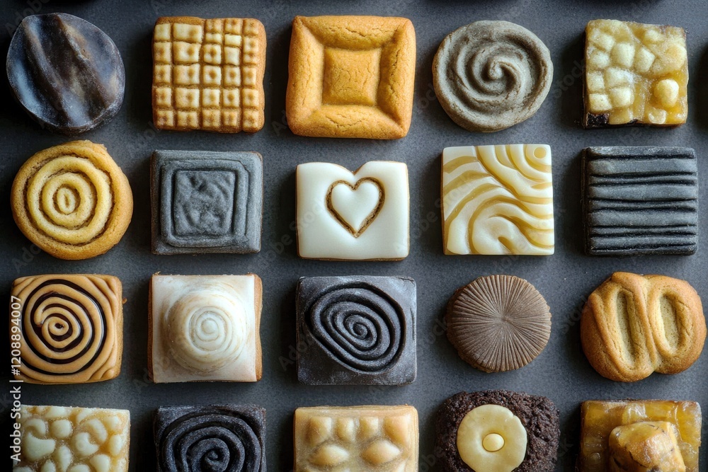 Poster assorted decorative cookies on a gray background with intricate patterns ideal for baking inspiratio