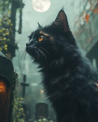 Black cat in a spooky graveyard at night.