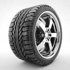 Obraz premium A shiny, high-performance tire mounted on a stylish alloy wheel, showcasing automotive design. isolated on white background