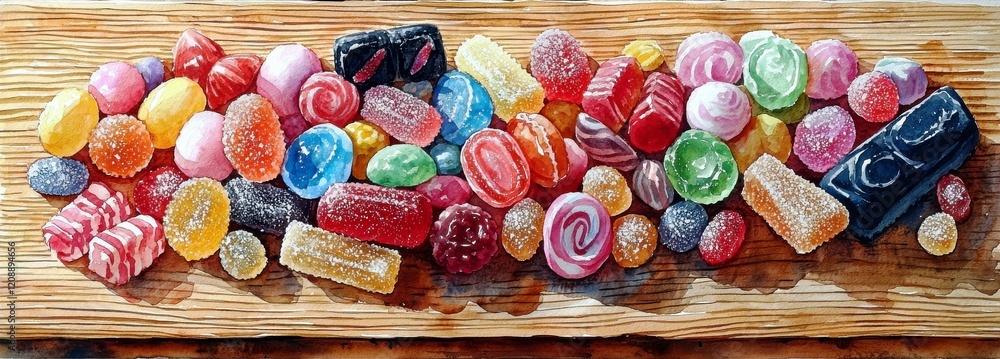 Poster colorful collection of various sweets on rustic wooden background displaying a range of candy types 