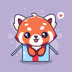 Cute red panda in a gift box. Vector illustration.