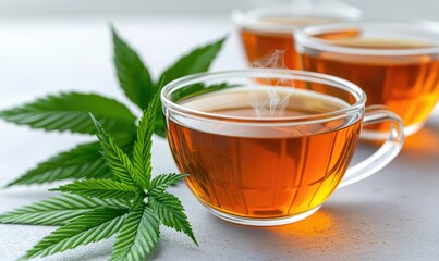 A close-up of steaming herbal tea in glass cups with fresh green leaves beside.