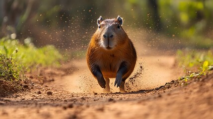Capybara with a white spot on its face running down a dirt road