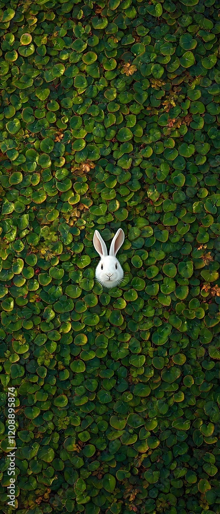 Canvas Prints White rabbit head amidst dense green foliage.