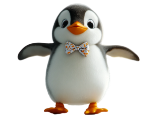 A playful dancing penguin wearing a dapper bowtie isolated on white. Suitable for marketing or business purposes. PNG file