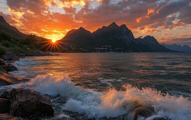 Naklejka premium Vibrant sunset over coastal mountains and crashing waves.