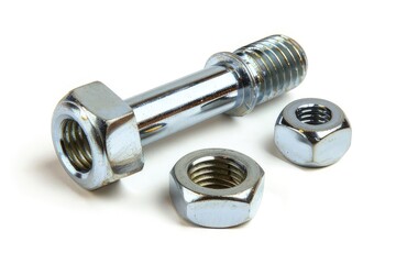 A metallic bolt and two nuts, commonly used in construction and mechanical applications. isolated on white background