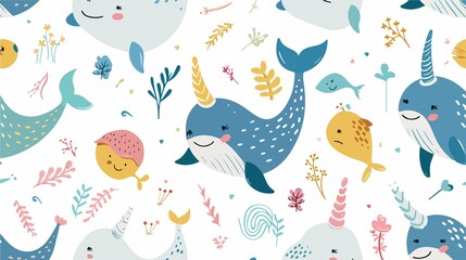 Adorable Narwhal Vector Collection Seamless Pattern Background