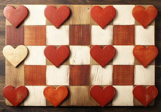 Wooden Hearts Arranged On A Checkerboard