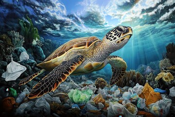 Fototapeta premium Majestic Sea Turtle Swimming Through Ocean Pollution Surrounded by Colorful Coral and Marine Life Beneath a Bright Blue Sky and Shimmering Waves