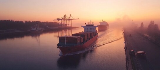 Cargo ship docked in downtown Vancouver against a stunning pink and red sunset sky