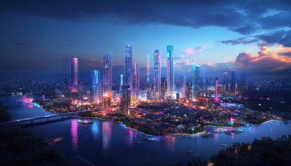 Fototapeta premium Futuristic Cityscape: Night Lights Glimmer