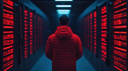 Cybersecurity Professional Reviewing Holographic Data in Data Center