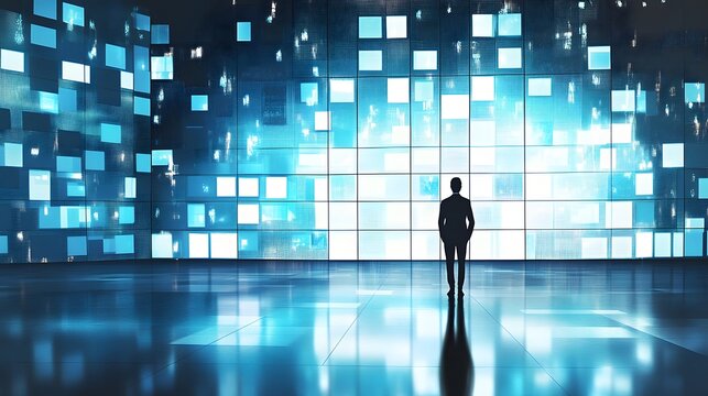 Businessman Contemplating Futuristic Digital Interface Wall
