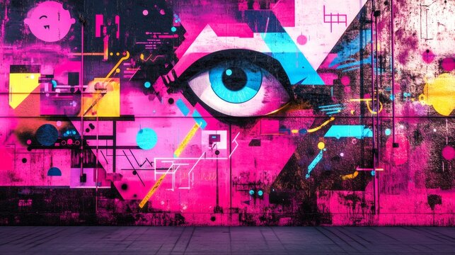 Vibrant urban mural showcasing artistic expression with powerful eye and colorful elements in a city setting	
