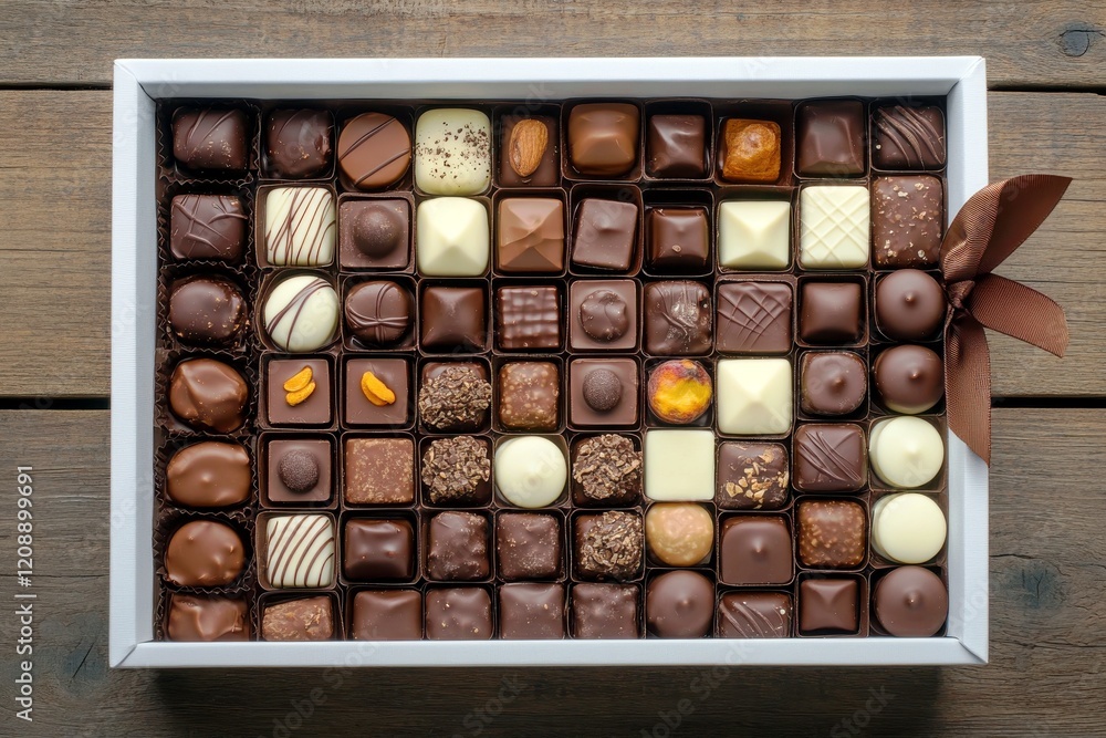 Poster assorted gourmet chocolates in a decorative box with a bow on a rustic wooden table