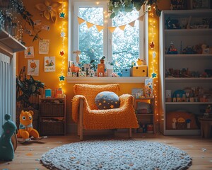 Cozy yellow playroom with armchair, toys, and books.
