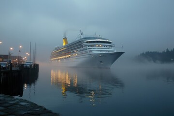 Majestic Cruise Ship in Foggy Harbor Setting with Reflection on Water at Dusk, Capturing the Mystique of Travel and Adventure on the Open Ocean