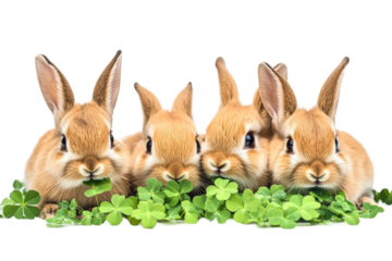 Cute rabbits munching on clovers in a bright, cheerful setting with vibrant colors isolated on transparent background