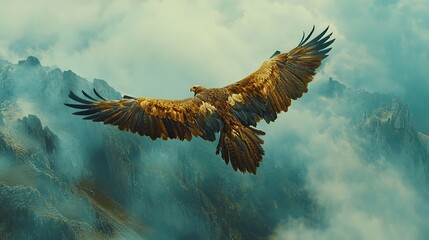 Golden eagle soaring above misty mountains.